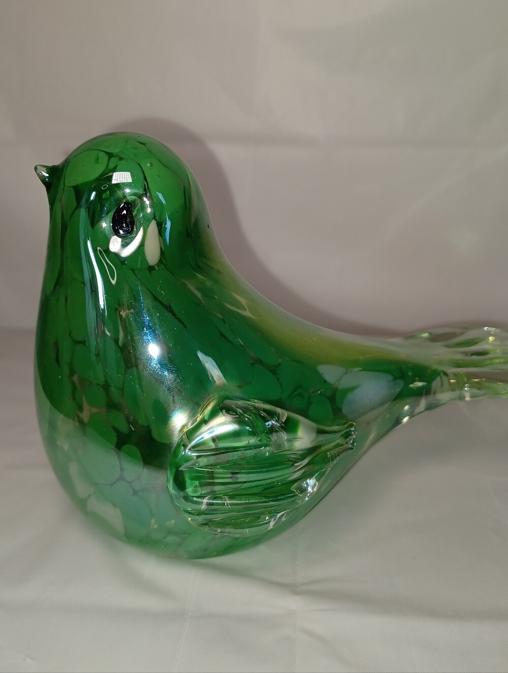 Hand Blown Glass Bird Figurine - Green Pearlized  Decorative Bird Accent